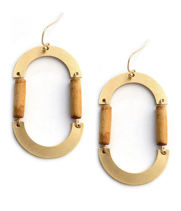 Boho Oval Wood and Gold Earring