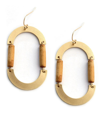 Boho Oval Wood and Gold Earring