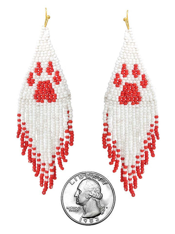 Seed Bead Tassel Tiger Paw Drop Earring in White/Red