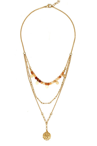 Triple Layer Beaded and Pendant Necklace in Gold