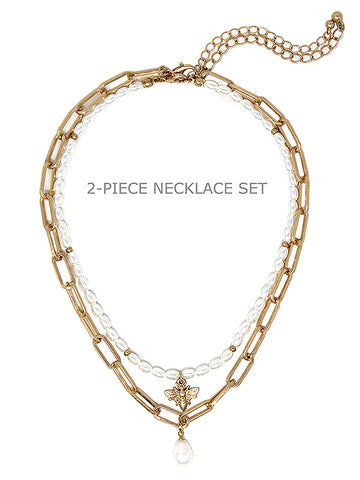 Bee and Pearl Two Piece Necklace Set