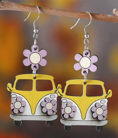 Wood school bus and flower earring