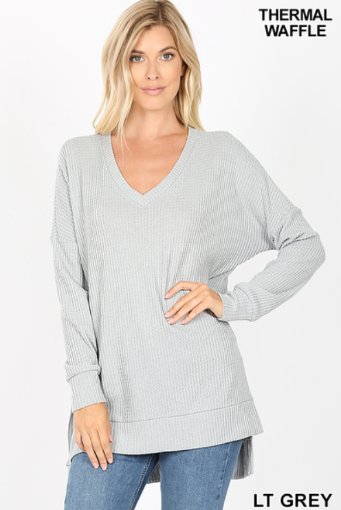 V Neck Waffle Knit Top in Light Grey