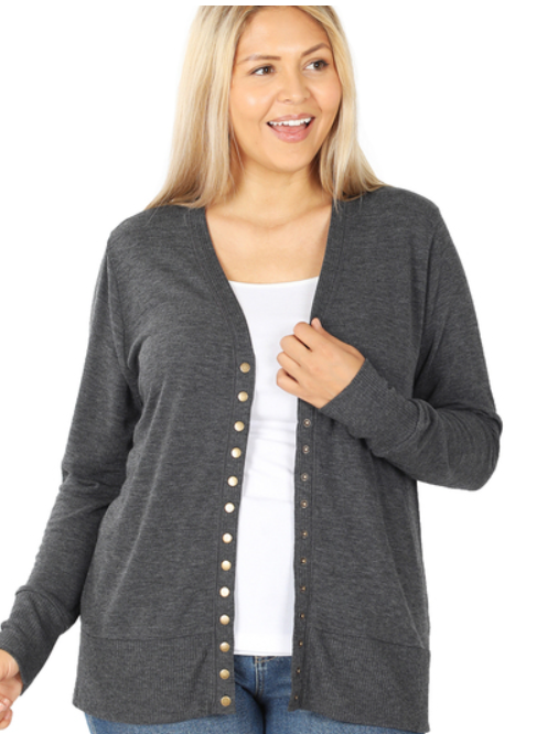 Plus Sized Snap Button Cardigan in Charcoal