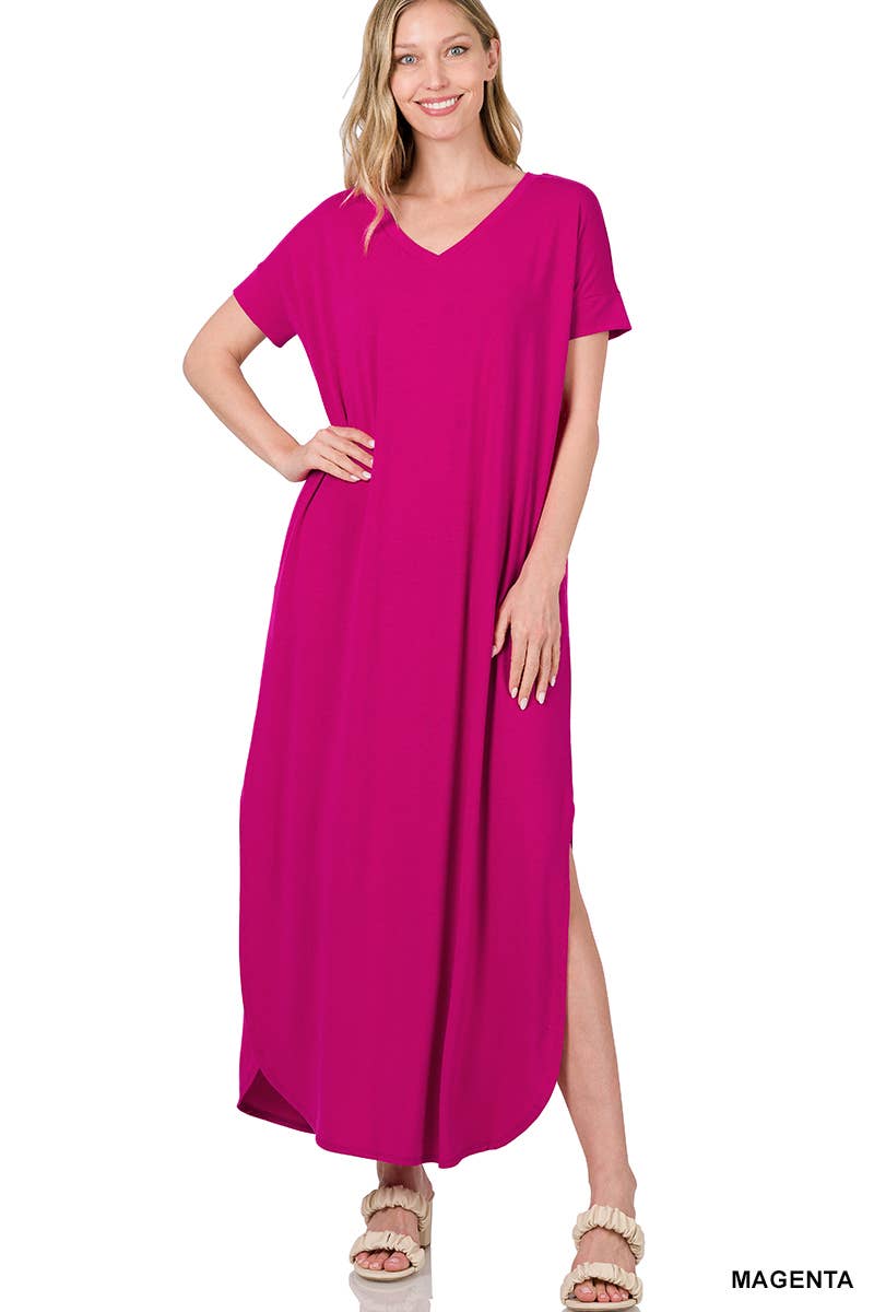 V-neck Short Sleeve Maxi Dress in Magenta