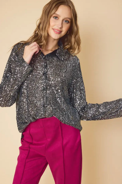 Sequined Button Down in Black
