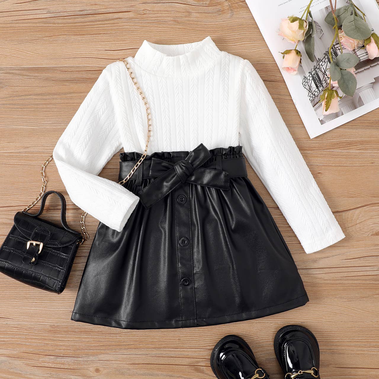 Tween Faux Leather Skirt with Cable Mock Neck Top