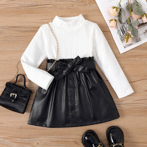 Tween Faux Leather Skirt with Cable Mock Neck Top
