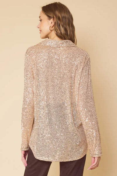 Sequined Button Down in Champagne