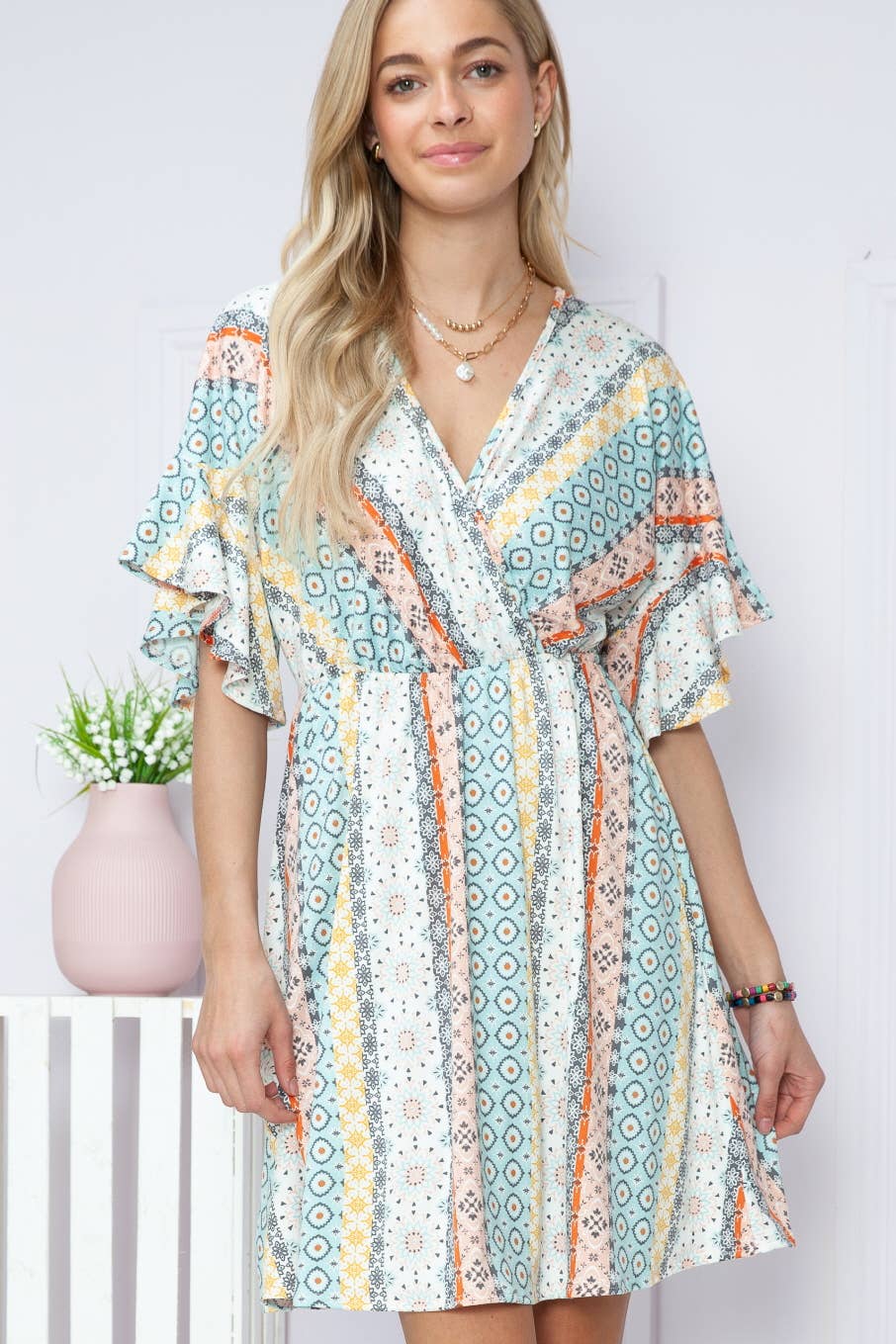 Geometric Wrap Dress with Flutter Sleeve in Teal