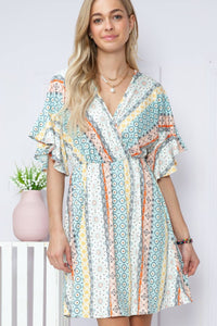 Geometric Wrap Dress with Flutter Sleeve in Teal