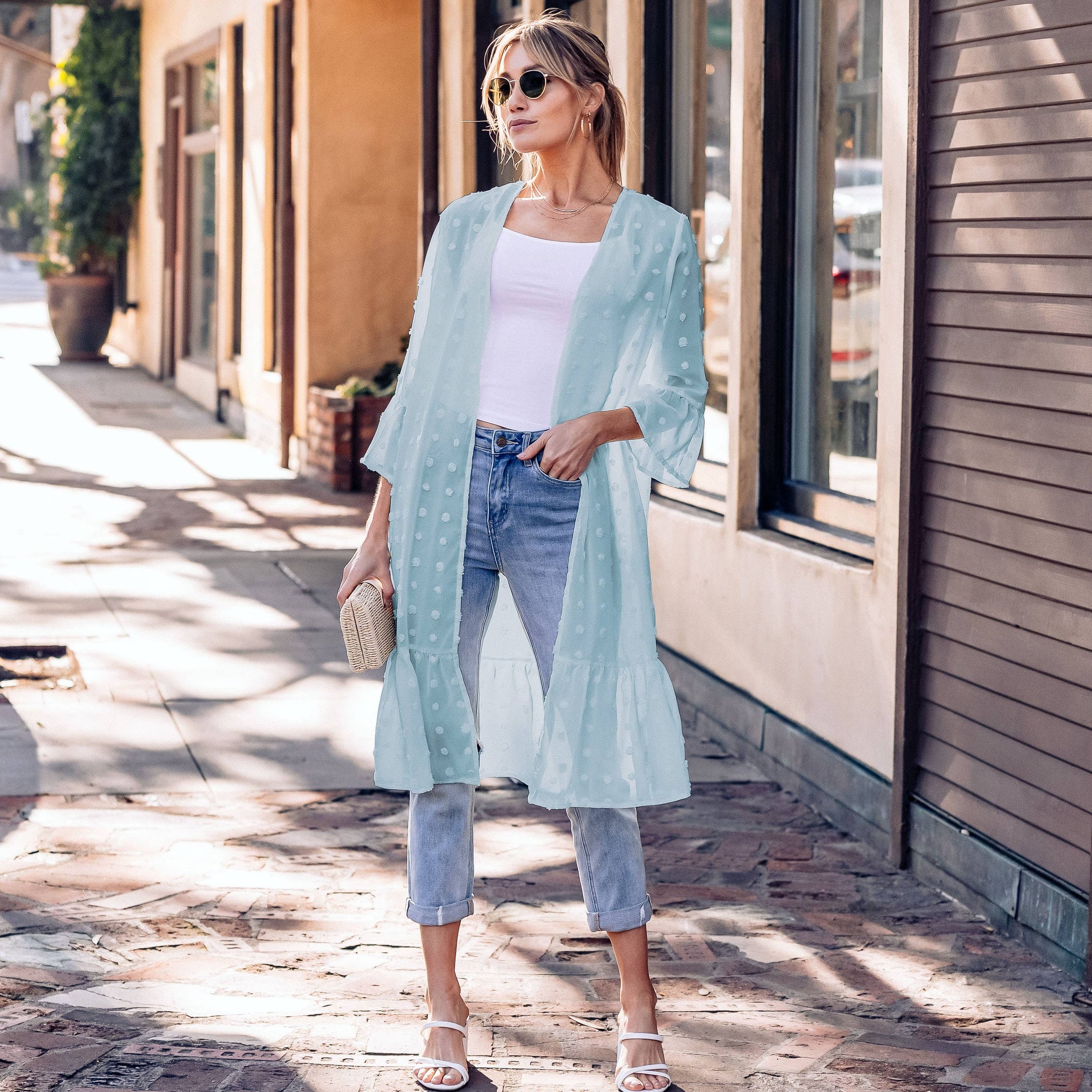 Swiss Dot Long Sleeve Ruffle Cardigan in Blue Sage