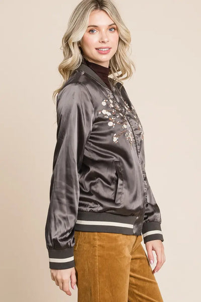 Floral Satin Bomber Jacket