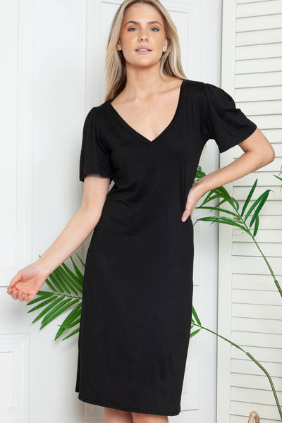 Classic V Neck Short Sleeve Dress in Black