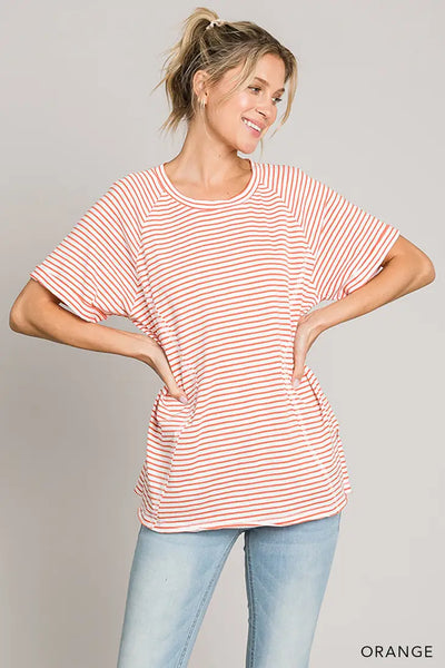 Washed Cotton Striped Tee in Orange