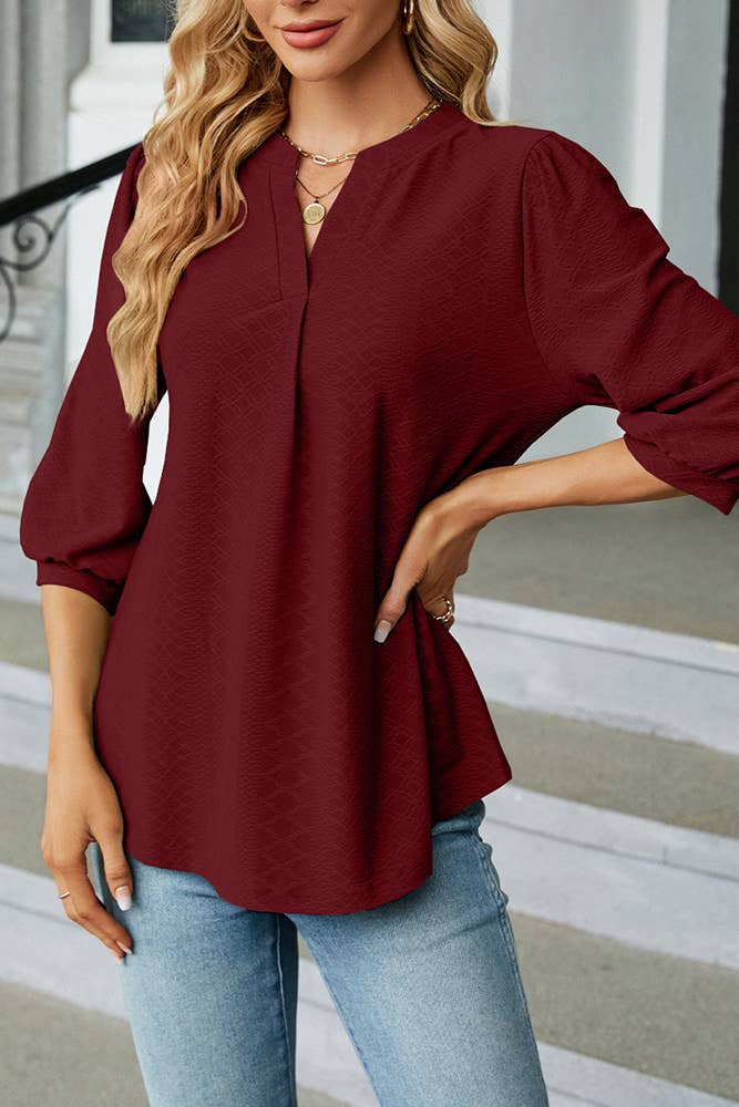 Cable Textured Three Quarter Sleeve Top in Wine