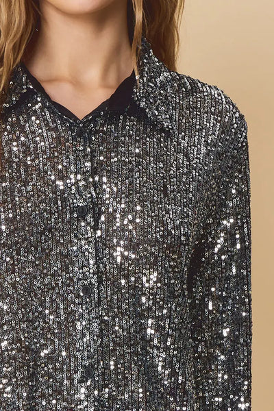 Sequined Button Down in Black
