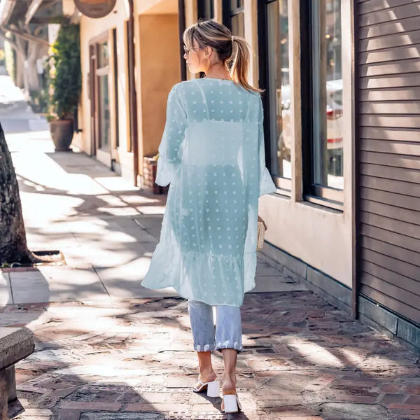 Swiss Dot Long Sleeve Ruffle Cardigan in Blue Sage