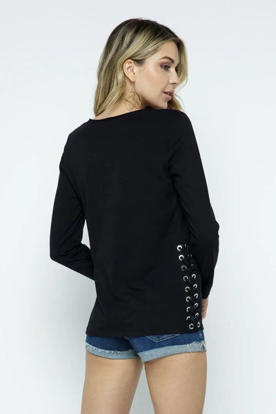 Mesh V Neck Top Laced-up on the Sides