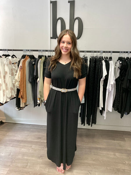 V Neck Short Sleeve Maxi Dress in Black
