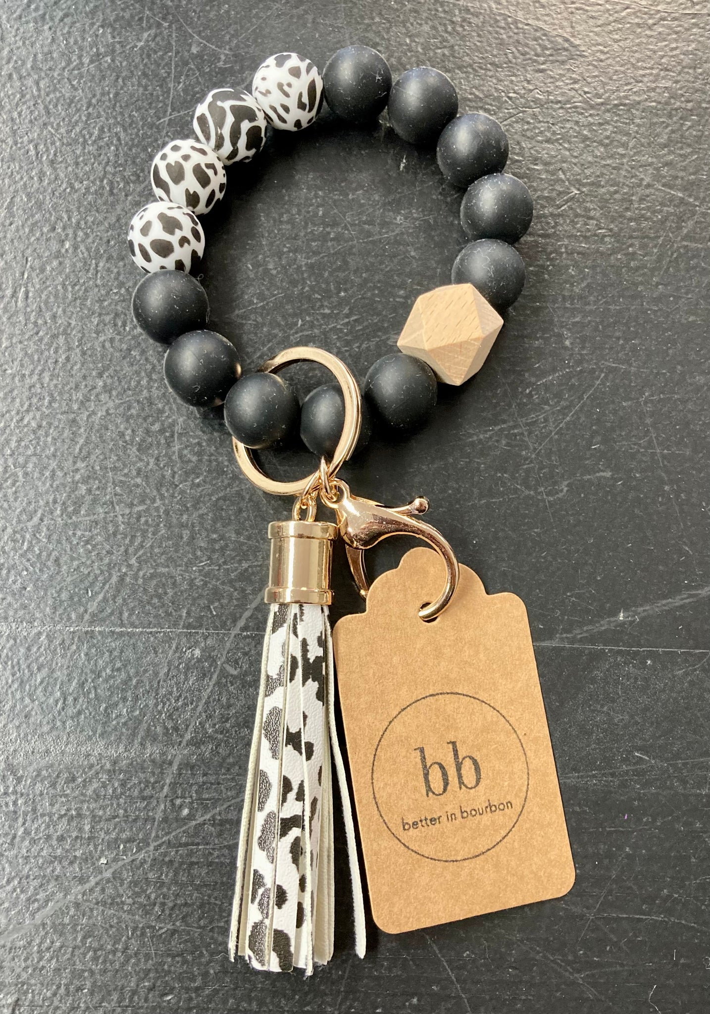 Cow Print Wristlet Keychain in Black