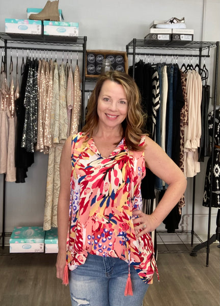 Printed Tropical Sleeveless Top in Peach