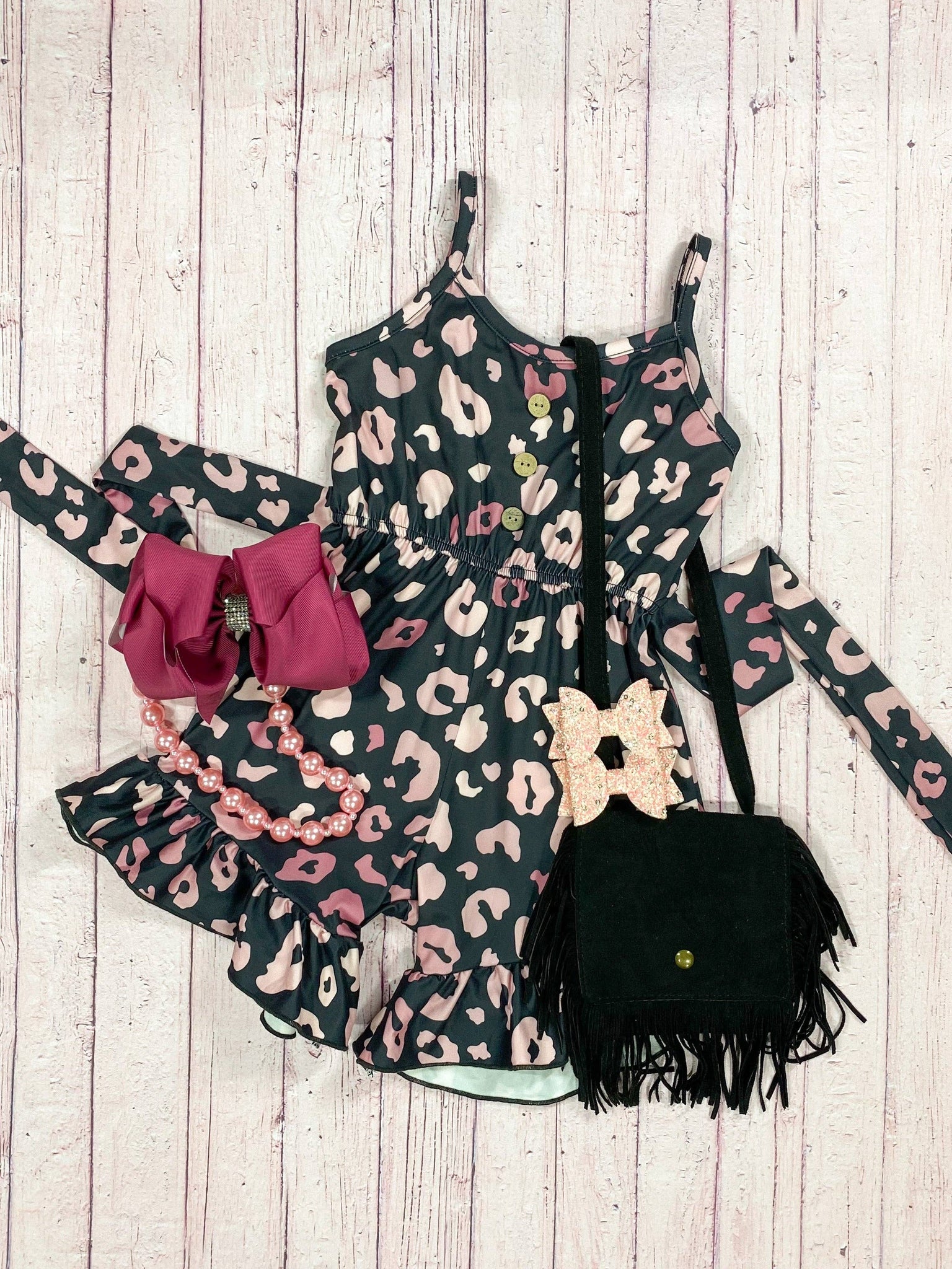 Pink Animal Print Ruffles And Tie Romper