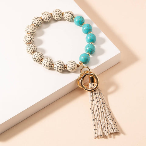 Animal Print Tassel Key Chain in Turquoise