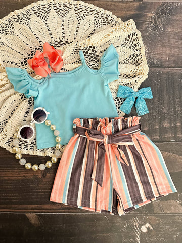 Tween Blue Ruffle Paper Bag Shorts Set