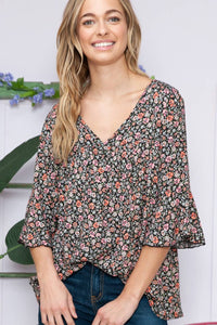 Floral V Neck Ruffle Sleeve Top in Black