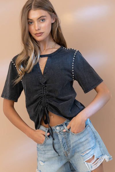 Cut-Out V Cinch Tie-Front Studded Tee in Washed Black
