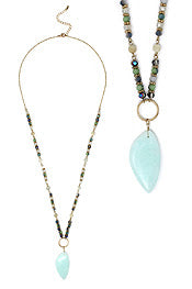 Semi-Precious Stone Pendant with Beaded Long Necklace in Mint